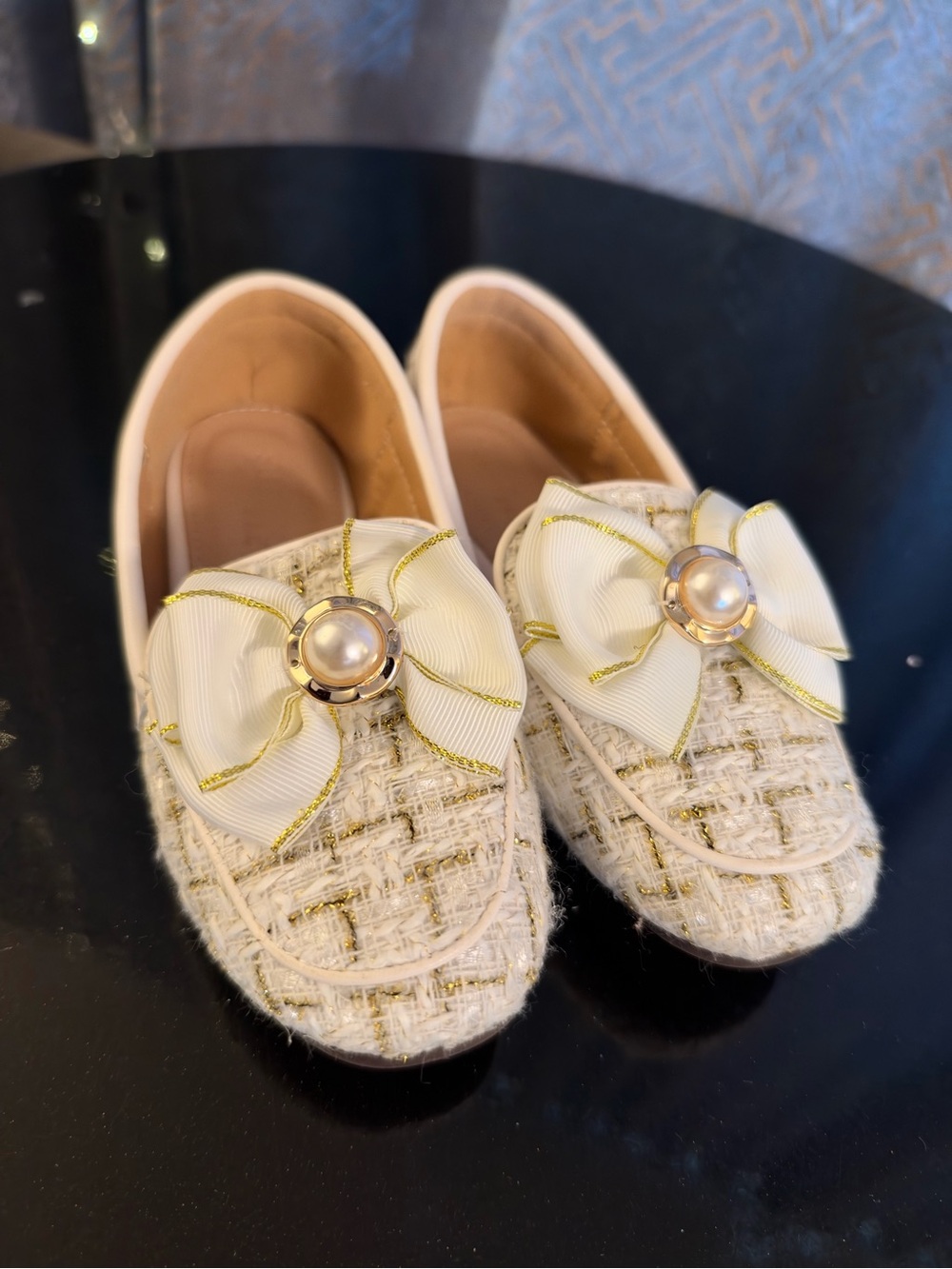 Girls Ivory Tweed Loafers with Pearl Bow Accent